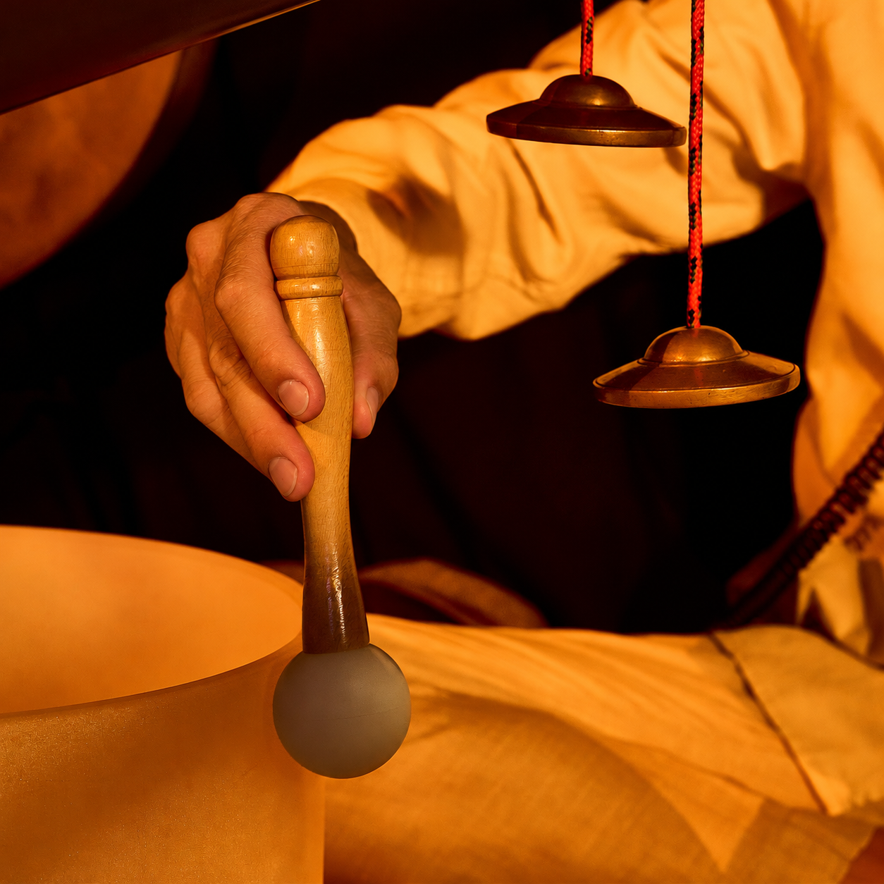 A mallet resting against a gong in warm light